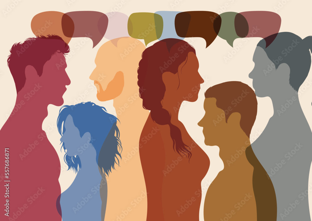 People in profile talking to each other and peoples showing diversity. Share ideas in a speech bubble. Diverse multicultural dialogue group. Vector illustration