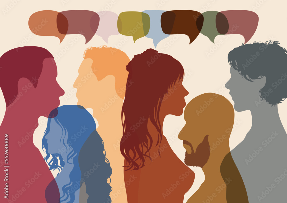 Diverse people from different cultures dialogue together. Communication between people in a crowd. Interviews. Vector Illustration