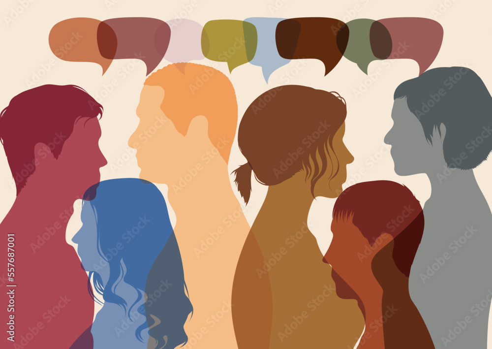 Conversations and profiles in a crowd. An example of a speech bubble and communication between people. Group of people from diverse backgrounds engaged in dialogue.