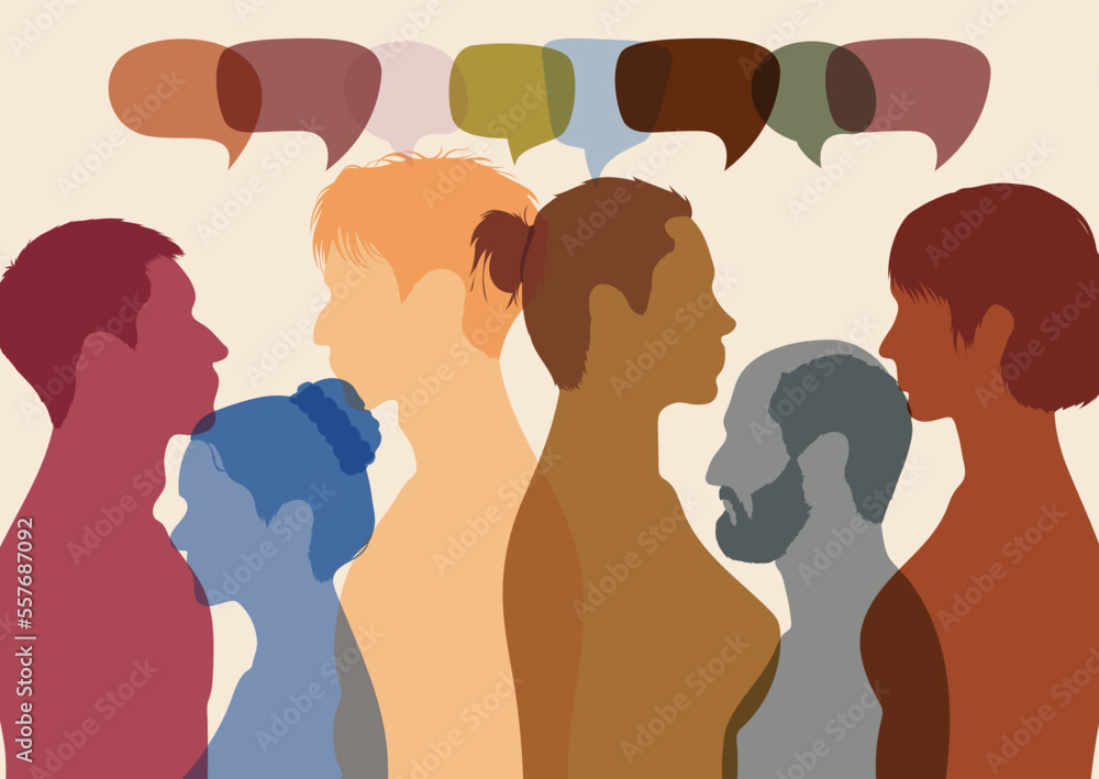 Several people are talking. People communicate with each other. An image of a crowd talking and a speech bubbles.