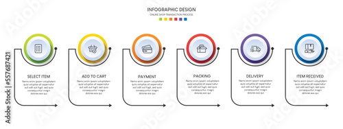 Process of online shopping with 6 steps. Steps business timeline process infographic template