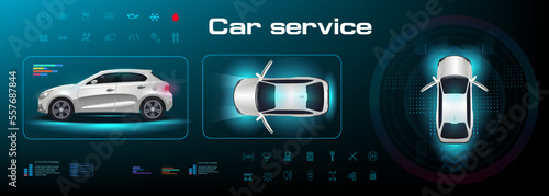 Automotive user interface. Autonomous vehicle control system. Car with parameters and characteristics. Digital navigation panel with vehicle settings