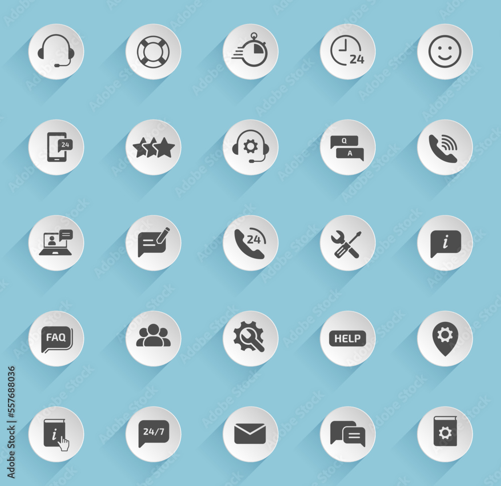 support vector icons on round puffy paper circles with transparent shadows on blue background. support stock vector icons for web, mobile and user interface design support vector icons on round puffy paper circles with transparent shadows on blue background. support stock vector icons for web, mobile and user interface design
