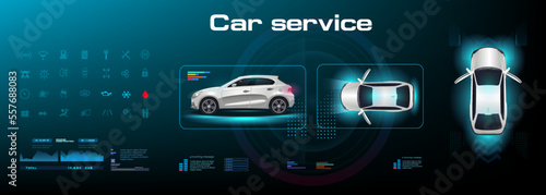Autonomous vehicle control system. Car with parameters and characteristics on holographic digital panel. Navigation bar with vehicle network settings