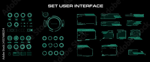 Big set green vector elements for graphical user interface. Dialog frames with callouts, circles and titles for modern screens or video games. Modern digital HUD user interface