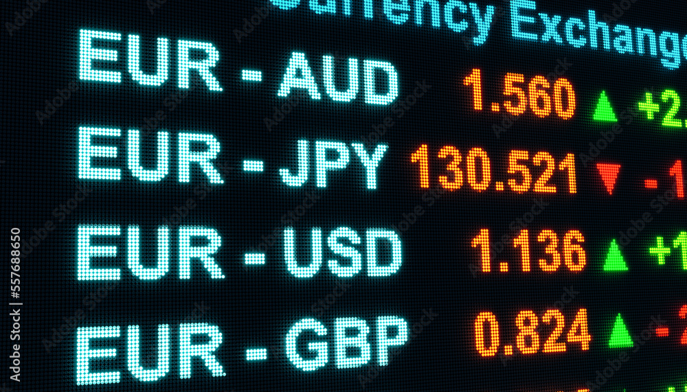 Close-up stock exchange screen with different currency pairs land percentage price changes. Currency trading, Euro, US dollar, British pound, business and investment concept. 3D illustration Close-up stock exchange screen with different currency pairs land percentage price changes. Currency trading, Euro, US dollar, British pound, business and investment concept. 3D illustration