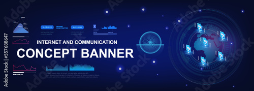 Futuristic IT banner. Cyberphone with next generation internet. Unique Internet Network 3.0. World communication portal of the future. Internet data chain with VPN connection