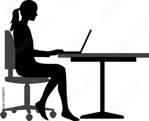 Silhouette of a woman working on laptop. Vector illustration. 