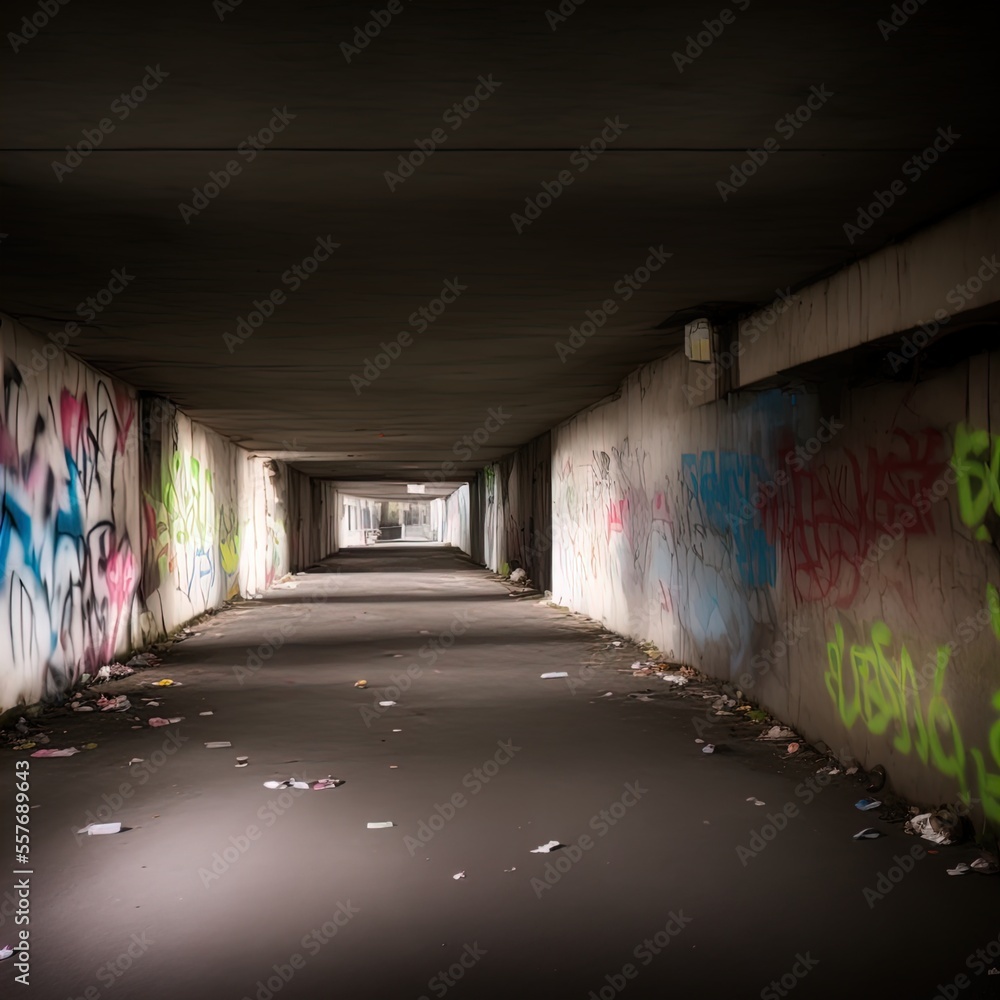 A spooky empty underpass filled with graffiti and garbage. 