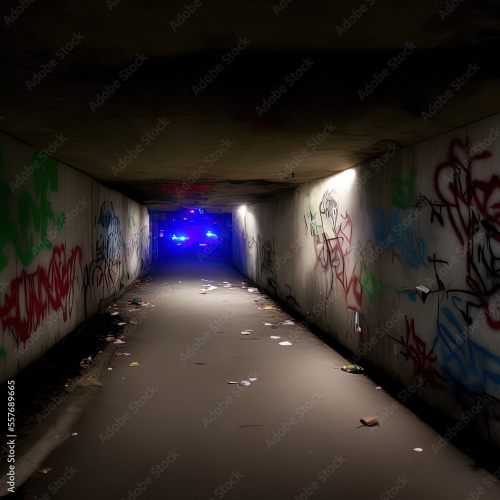 A spooky empty underpass filled with graffiti and garbage. 