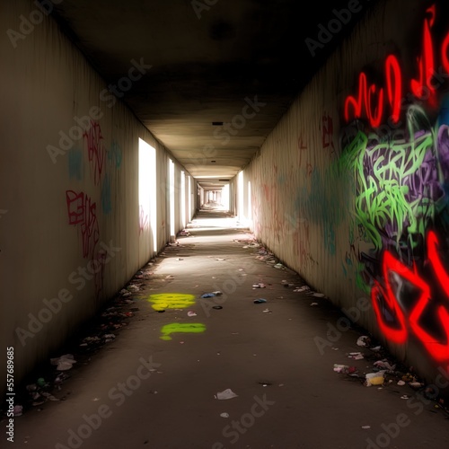 A spooky empty underpass filled with graffiti and garbage. 