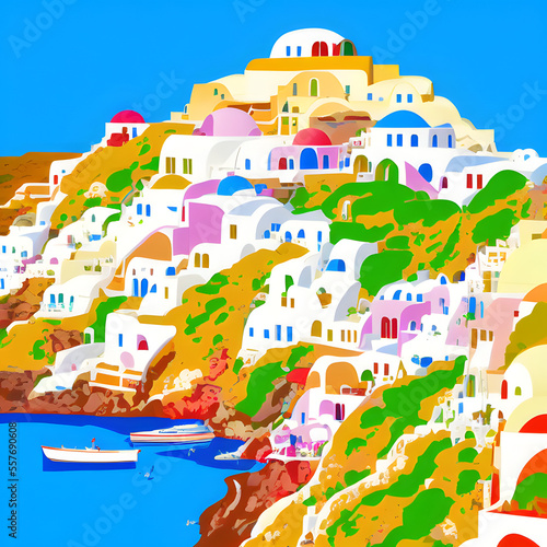 Natural environment Santorini Greece colorful illustration 