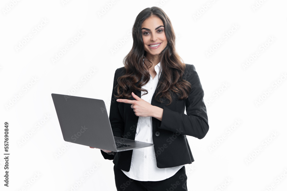 Portrait of positive cheerful ceo expert business woman work at laptop isolated over gray background. Secretary with laptop, studio portrait. Portrait of positive cheerful ceo expert business woman work at laptop isolated over gray background. Secretary with laptop, studio portrait.
