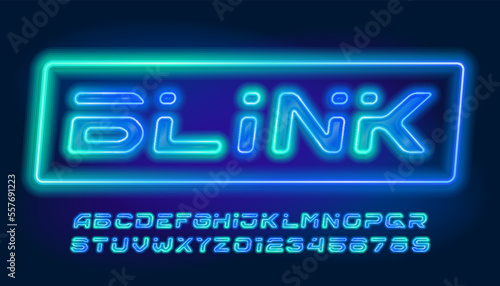 Blink alphabet font. Futuristic neon letters and numbers. Stock vector typeface for your design.