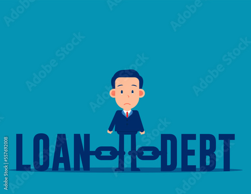 Business person tied on fetter between loan and debt. Business cartoon vector illustration