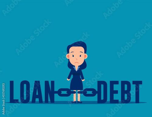 Business person tied on fetter between loan and debt. Business cartoon vector illustration