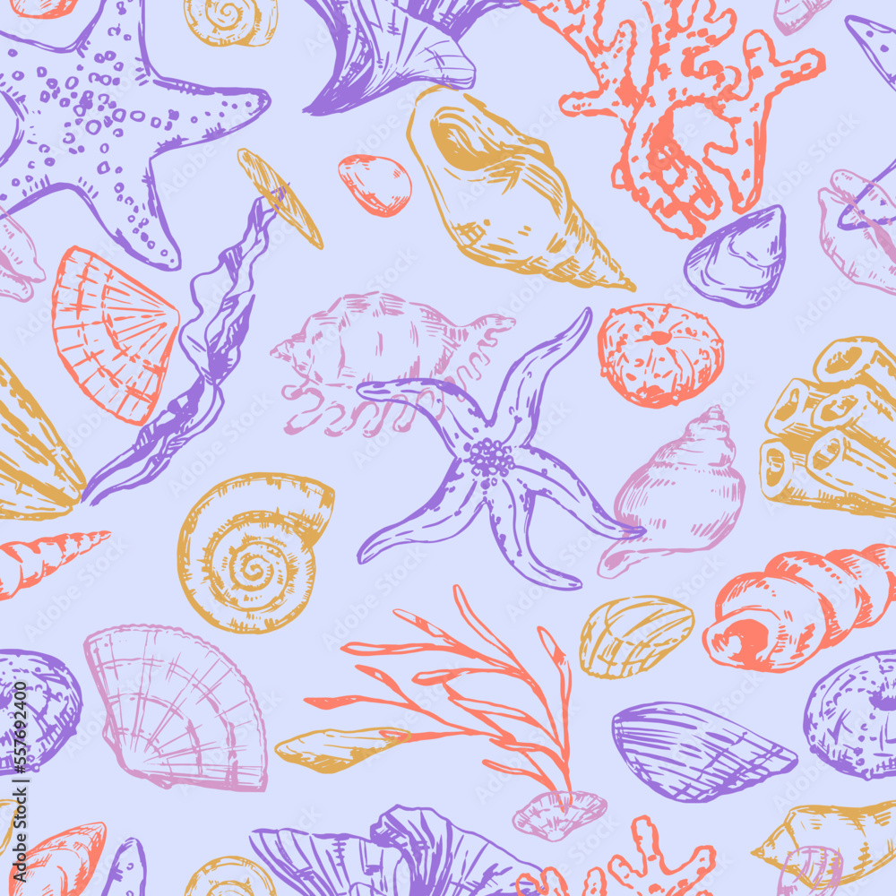 Abstract sea ornament. Sketches of starfishes, shells, stones, seaweed, coral. Vector seamless pattern of underwater life. Retro outline style design. Abstract sea ornament. Sketches of starfishes, shells, stones, seaweed, coral. Vector seamless pattern of underwater life. Retro outline style design.