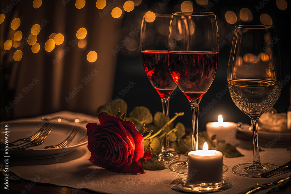 Glass of wine with rose for romantic atmosphere - obrazy, fototapety, plakaty 