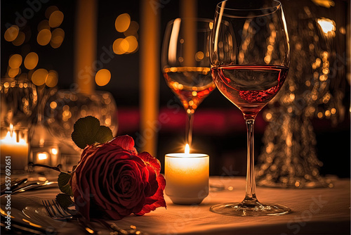 Fotografie, Obraz Glass of wine with rose for romantic atmosphere
