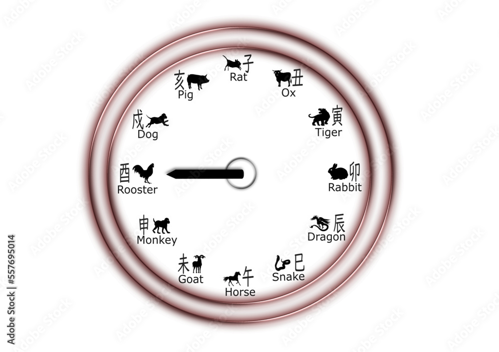 Naklejka premium 干支、十二支、時計、酉、とり、ベクターファイル