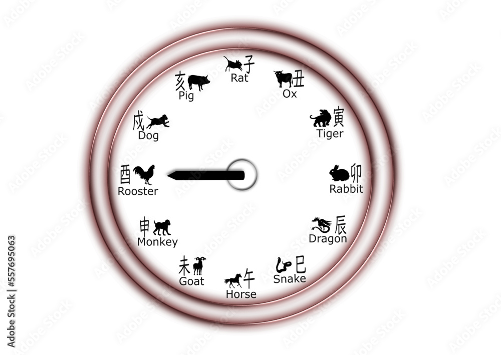 Naklejka premium 干支、十二支、時計、酉、とり、ベクターファイル