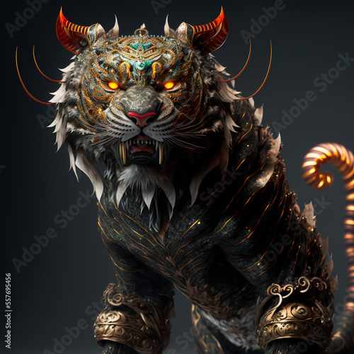 tiger deagon in japanese style,tiger in the sky,tiger in the dark,tiger in the dark, tiger in the night, tiger on a black background, golden dragon statue photo