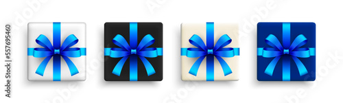 Set of gifts box. Collection realistic gift presents top view. Festive decorative gift box with blue bow. Isolated on white background. Vector illustration