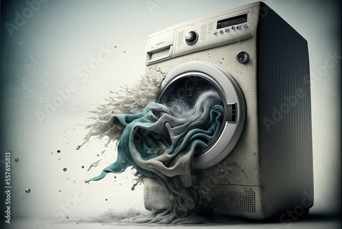 Dirty clothes flow out of the washing machine, created with Generative AI technology photo