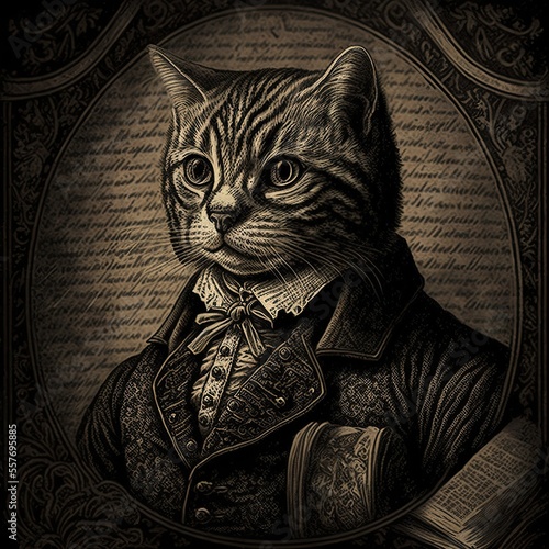 Engraving of scintist cat, created with Generative AI technology photo