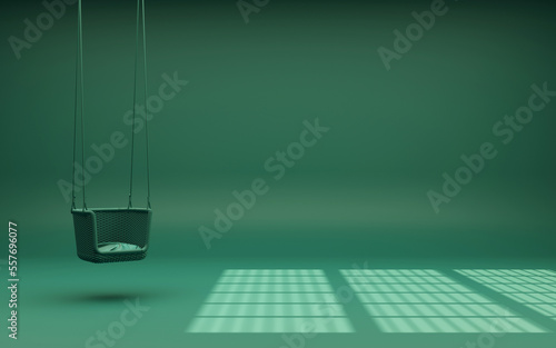 Monochrome green interior. Hanging swing and light through the blinds. 3D visualization