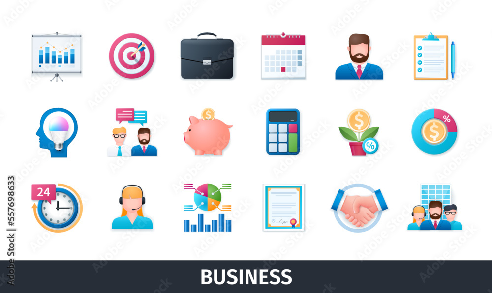 Business 3d vector icon set. Commerce, payments, insurance, business, deposits, finance, handshake. Realistic objects in 3D style Business 3d vector icon set. Commerce, payments, insurance, business, deposits, finance, handshake. Realistic objects in 3D style