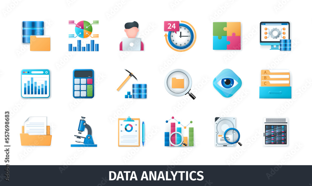 Data analytics 3d vector icon set. Data, analysis, documents, file, organization, server, statistics, calculator, search. Realistic objects in 3D style