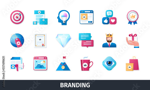 Branding 3d vector icon set. Commerce, business, value, design, marketing, loyalty program, shopping, idea. Realistic objects in 3D style