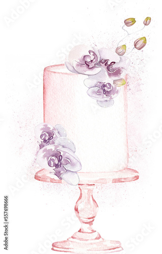 Watercolor cake with violet orchids, birthday celebration, patisserie menu, wedding organization, invitation illustration template, sweets, dessert party, bakery postcard