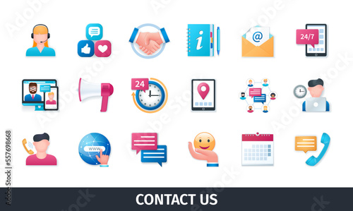 Contact us 3d vector icon set. Handshake, email, information, chat, customers, schedule, help, call support. Realistic objects in 3D style