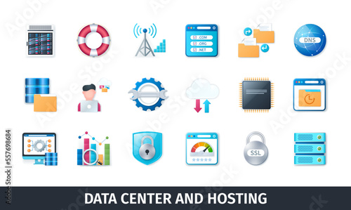 Data center and hosting 3d vector icon set. Data, analysis, documents, file, server, statistics, domain, storage. Realistic objects in 3D style © Genestro