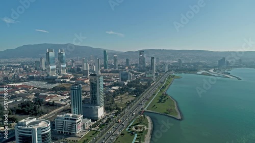 Drone view of the izmir flagged coastline and residences photo