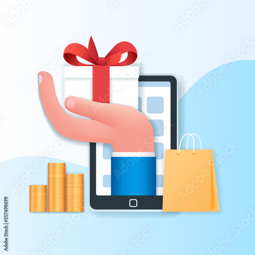 Earn point banner. Mobile phone with gift box on the screen. Loyalty program and get rewards. Marketing program concept. Web vector illustration in 3D style
