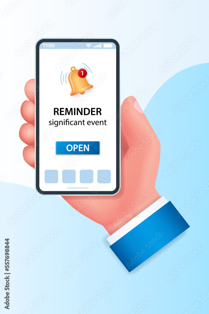 Reminder in mobile phone banner. Notifications window with floating objects. Planning significant events and timetables. Web vector illustration in 3D style Reminder in mobile phone banner. Notifications window with floating objects. Planning significant events and timetables. Web vector illustration in 3D style