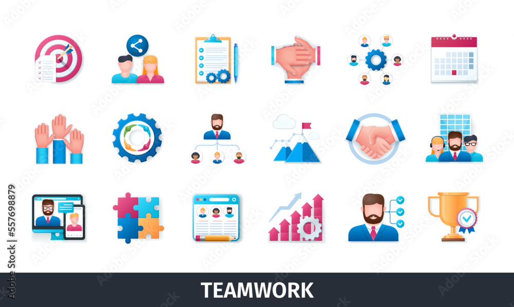 Teamwork 3d vector icon set. Business, team, development, volunteer, handshake, win, plan, goals, employees. Realistic objects in 3D style - obrazy, fototapety, plakaty 