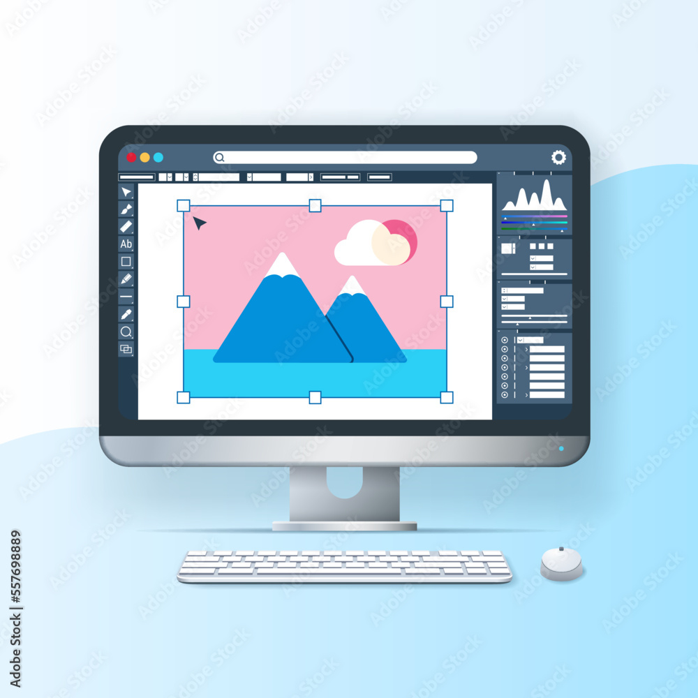 Web design banner. Computer with picture on the screen. UI-UX design, website development concept. Web vector illustration in 3D style Web design banner. Computer with picture on the screen. UI-UX design, website development concept. Web vector illustration in 3D style