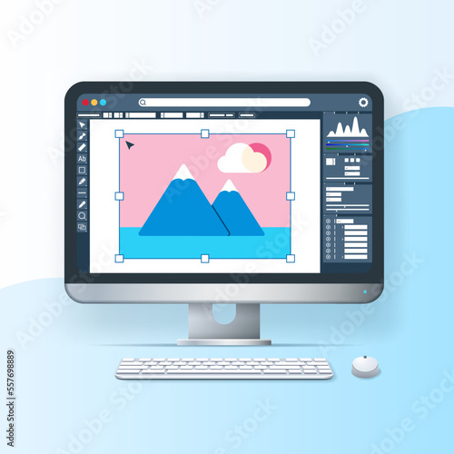 Web design banner. Computer with picture on the screen. UI-UX design  website development concept. Web vector illustration in 3D style