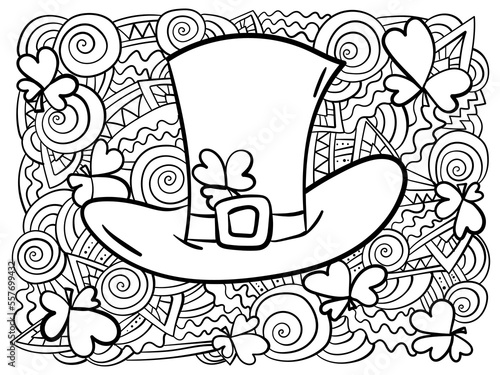 Leprechaun hat with clover shamrocks and ornate spirals and waves, meditative coloring page for St. Patrick's Day