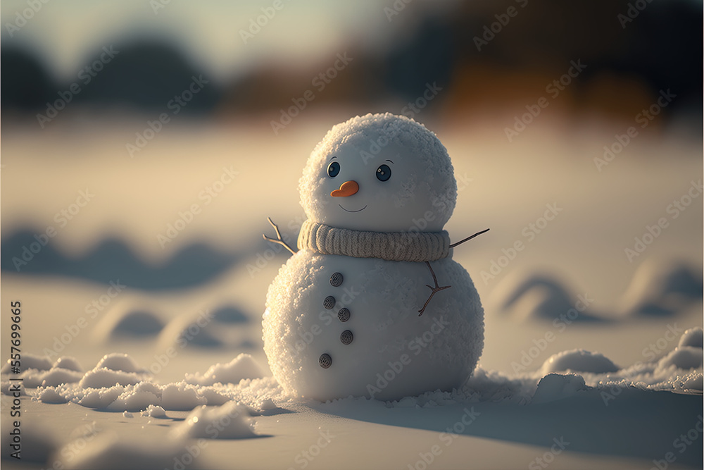 Obraz premium Schneemann in Winterlandschaft bei Sonnenuntergang