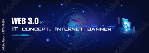 Web 3.0 IT. Futuristic background with world wide web. Internet next generation. Unique Internet Network 3.0 Worldwide communication portal of the future. Data transmission chain via the Internet