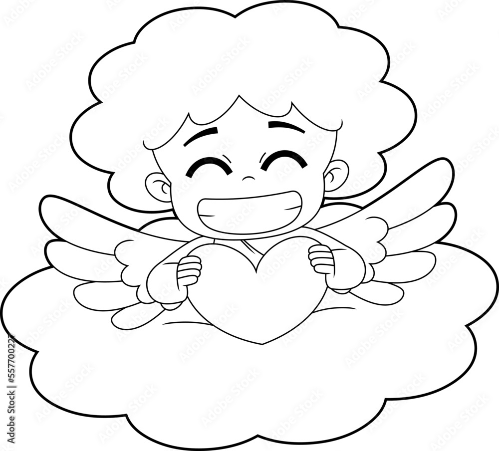 Outlined Smiling Cupid Baby Cartoon Character On Cloud With Heart. Vector Hand Drawn Illustration Isolated On Transparent Background Outlined Smiling Cupid Baby Cartoon Character On Cloud With Heart. Vector Hand Drawn Illustration Isolated On Transparent Background