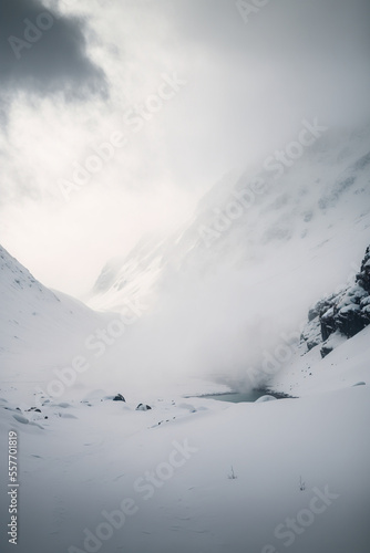 Foggy winter mountains landscape. AI 