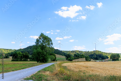 View over the forests in Rems-Murr district near Geildorf on the Swabian Alb in Germany to a wind farm with wind turbines