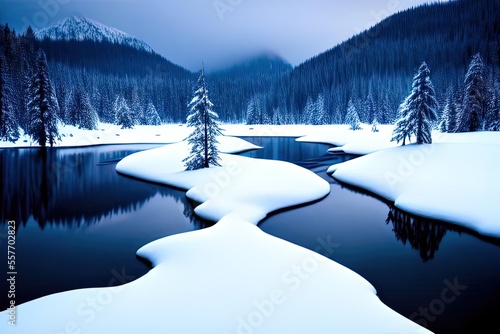 winter mountain landscape with lake