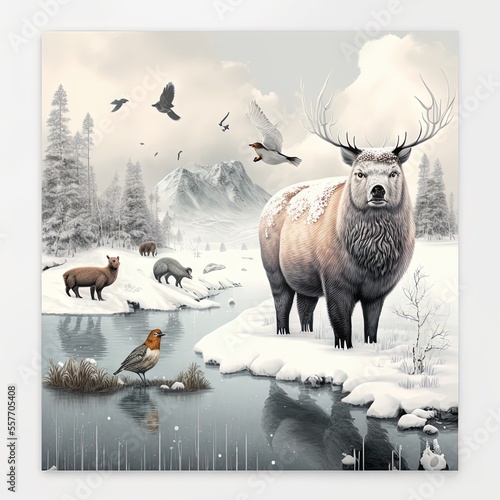 Animals Card Poster Texture Background Wallpaper Art For Print On Demand Winter Landscape 